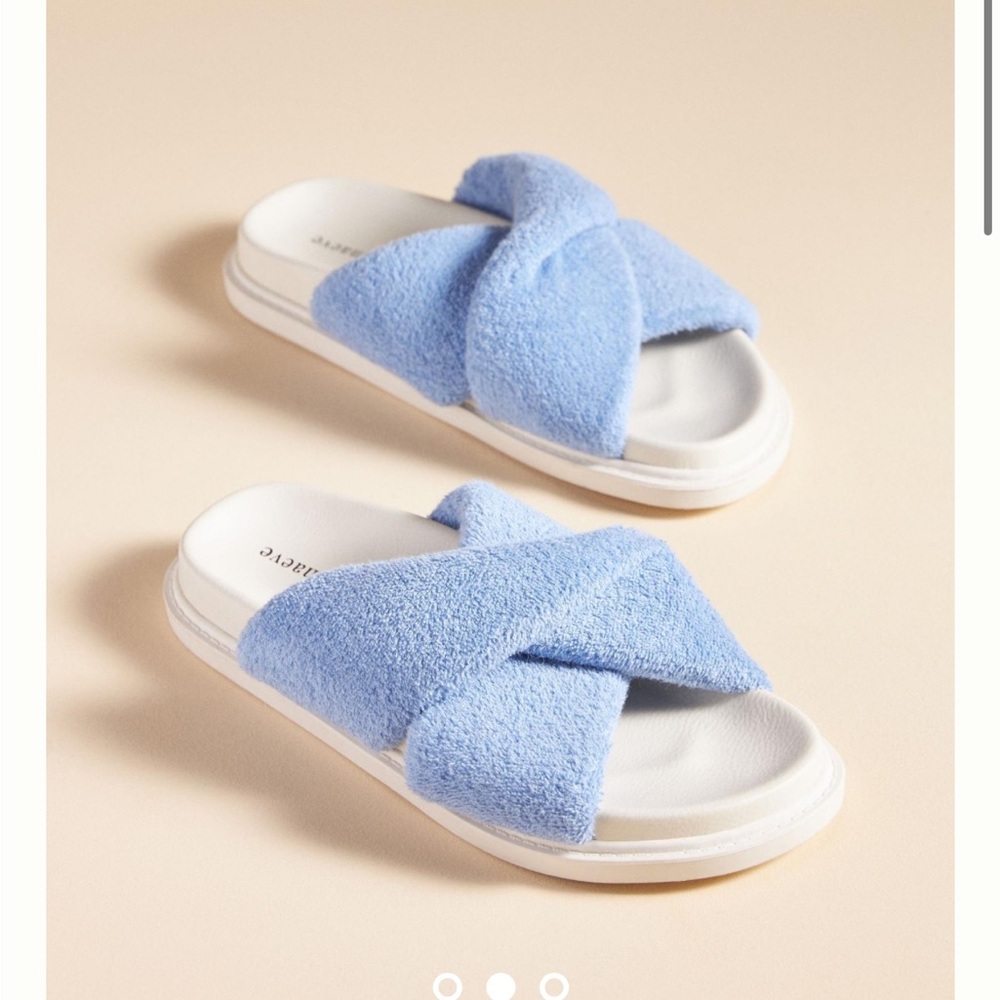 Maeve- Terri Cloth Beach/Pool Slides, Blue/White, Size 8, NWT - Picture 1 of 5